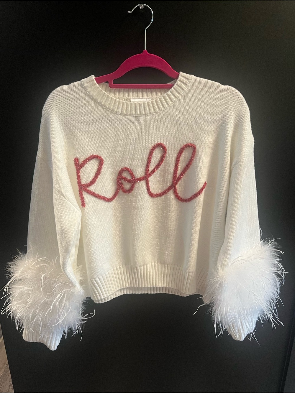 QUEEN OF SPARKLES Crimson 'Roll'  Alabama Sweater With Feather Sleeves